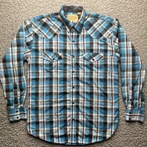 Cowboy Legend Pearl Snap Shirt Mens L Blue Plaid Paisley Flip Cuff Western Rodeo